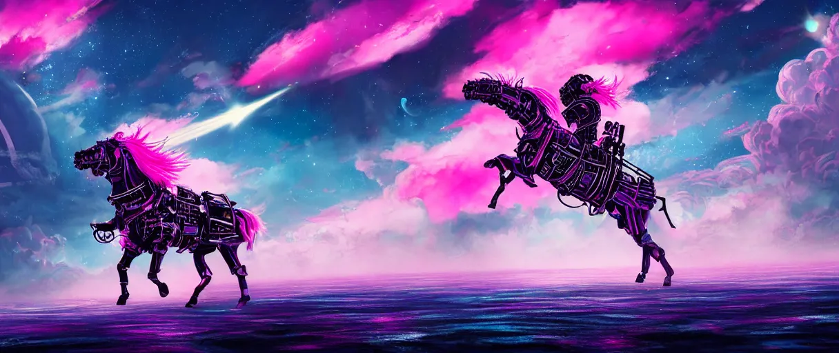 Prompt: space, a big horse - drawn, a mechanical horse with a pink mohawk drives a pirate spaceship, punk, hyperdetailed illustration, stars, pink, neon, oil painting, rich deep colors masterpiece, pirate neon ship, ultra detailed, contrast, heaven pink, clouds, volumetric light, atmospheric lighting, dramatic, cinematic, moody, octane render 4 k, 8 k