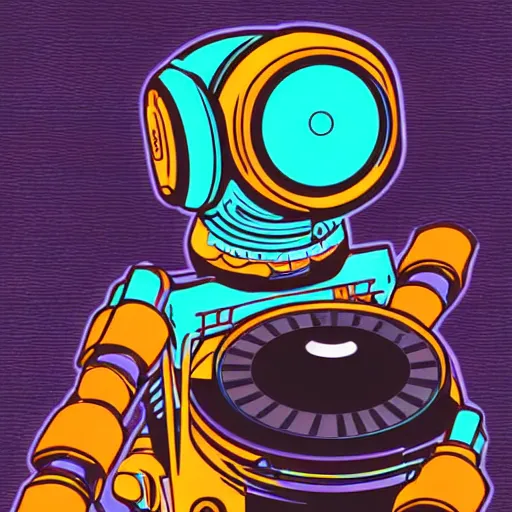 Prompt: svg sticker of a Mecha-Robot-Alien-DJ at a rave, spinning records, giant headphones rocking out, wearing headphones, huge speakers, dancing, rave, DJ, spinning records, digital art, amazing composition, rule-of-thirds, award-winning, trending on artstation, featured on deviantart