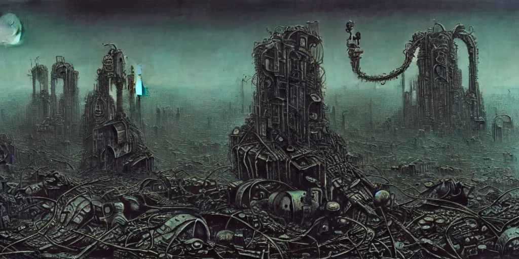 Image similar to the terrible fate of the world after nuclear war, ruined cities, ai robot tendril remnants, biomachine war against humanity, beksinski, giger, ambient art wallpaper popular on artstation