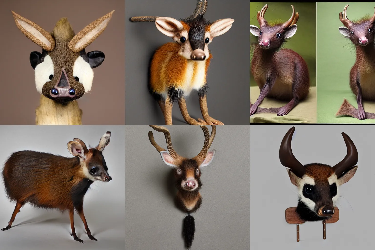 Prompt: detailed photoshopped taxidermy mammal made of aye-aye, muntjac, and badger