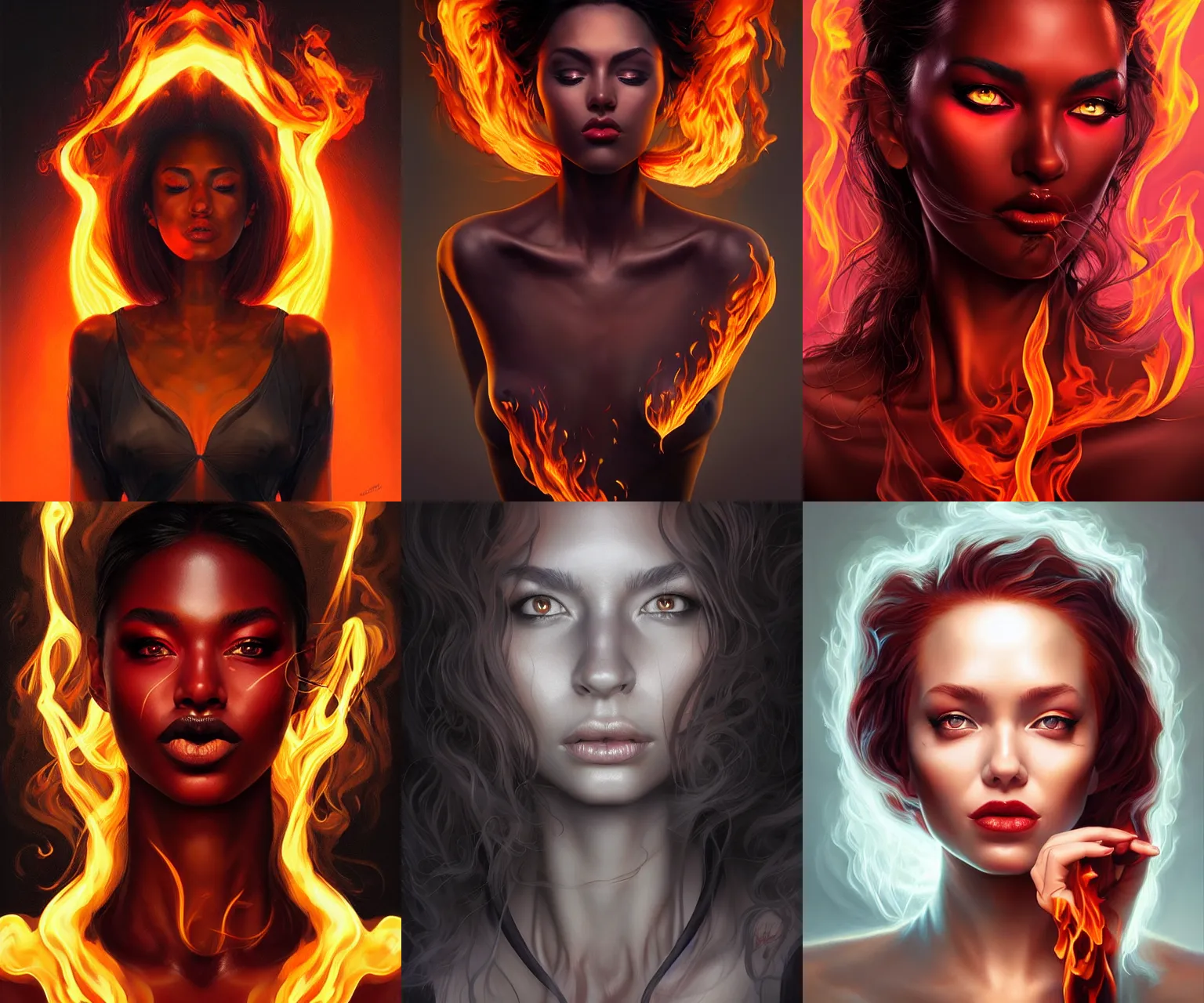 Prompt: liquid smoke flaming beauty portrait, artgerm, michael whelan, artstation