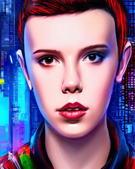 Image similar to digital art portrait of cyberpunk millie bobby brown