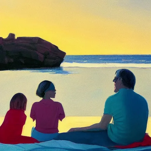 Image similar to a nine year old blonde girl and her two parents sit on a blanket at the beach and watch through sun go down in the style of Edward hopper