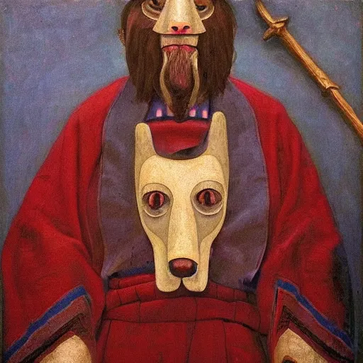 Prompt: slavic dog head man, woolen torso in medieval clothes, holding a weapon, orthodox, oil painting, concept art, hyperrealism, beautiful, high resolution, trending on artstation, by annie swynnerton and nicholas roerich, embroidered robes, elaborate costume, geometric ornament, symbolist, soft colors,,