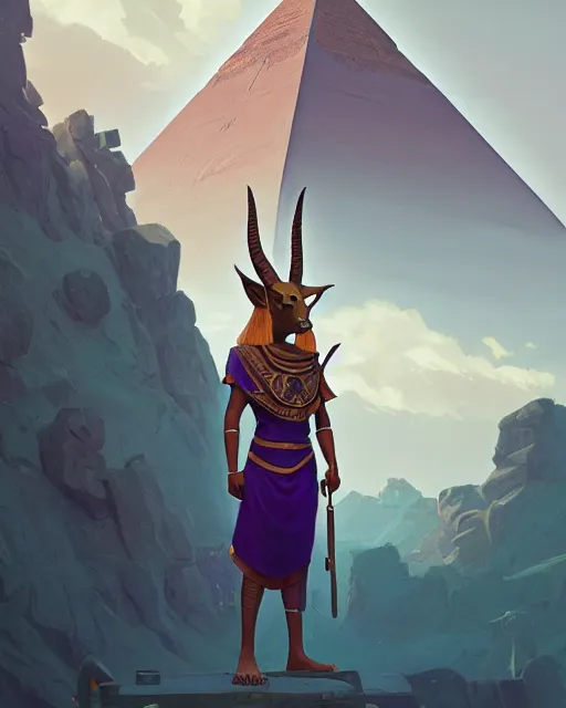 Image similar to highly detailed vfx portrait of anubis, pyramid behind, sky galaxy purple, unreal engine, greg rutkowski, loish, rhads, beeple, makoto shinkai and lois van baarle, ilya kuvshinov, rossdraws, tom bagshaw, alphonse mucha, global illumination, detailed and intricate environment