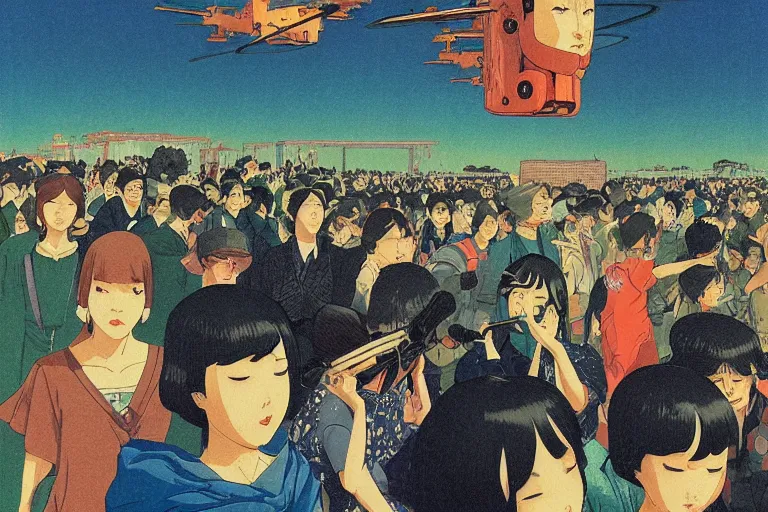 Image similar to gigantic dragonflies with human faces catch tiny planes, a lot of exotic mechas robots around, human heads are all over the ground, risograph by kawase hasui, dirtyrobot, edward hopper, satoshi kon and moebius, colorful flat surreal design, super - detailed, a lot of tiny details, fullshot