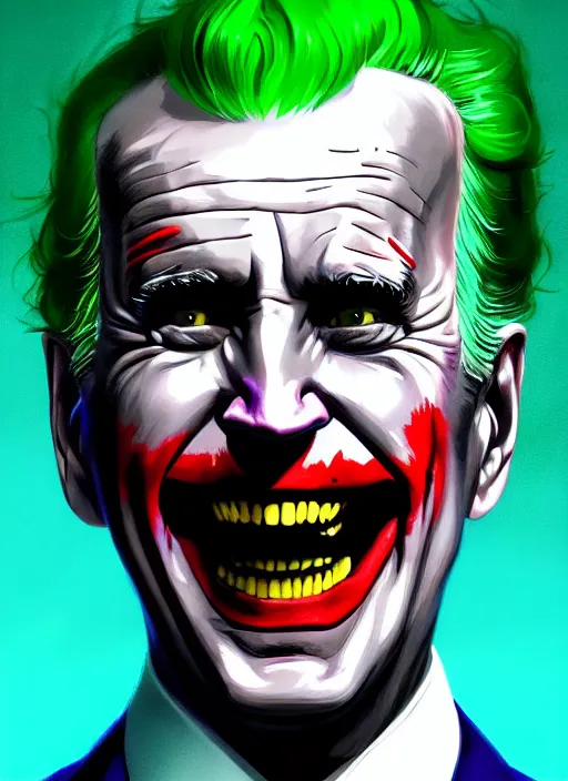 Image similar to portrait of joe biden as the joker, green hair, intricate, elegant, glowing lights, highly detailed, digital painting, artstation, concept art, sharp focus, illustration, art by wlop, mars ravelo and greg rutkowski