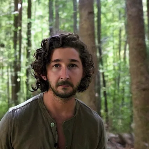 Prompt: in a forest, shia labeouf, expertly hiding behind a bolder, sneaking around looking at the camrea, at lest 6 feet away