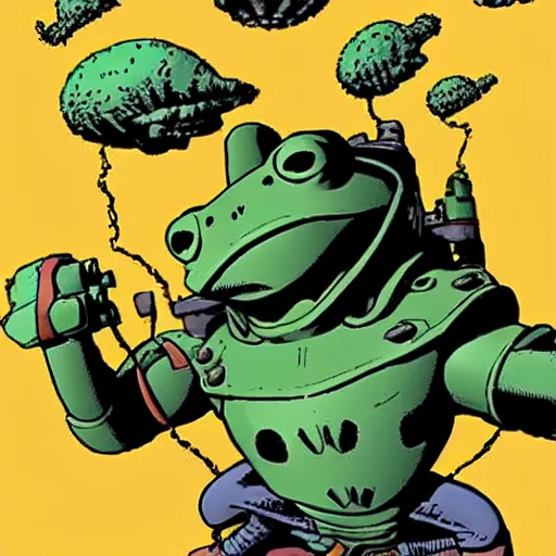 Image similar to Frog in wearing frog power armor flying with a jetpack artwork by Mike Mignola