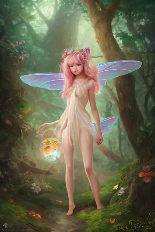 Image similar to a cute fairy in the dreamy forest, fantasy, 8 k resolution, hyper detailed, d & d, character design, digital painting, trending on artstation, sharp focus, illustration, art by artgerm, steve zheng, fuji choko, viktoria gavrilenko, hoang lap