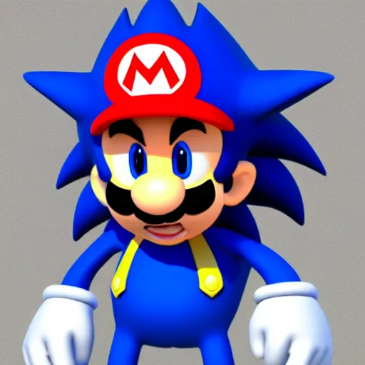 Prompt: a 3 d render of mario wearing a sonic suit, blue spiky hair