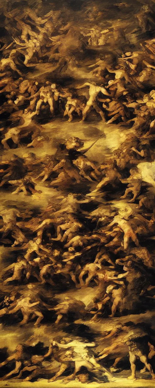 Prompt: war, fire, dark stone, explosions, a hundred humans with angry faces fighting eachother, in the style of francisco goya, 8 k, trending on artstation, hellish color scheme