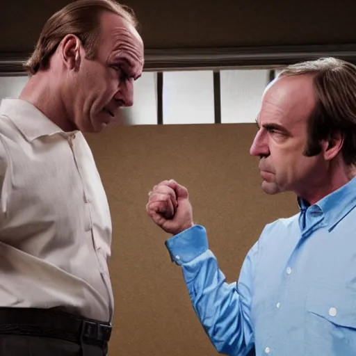 Image similar to Saul Goodman fighting Mike from Breaking Bad