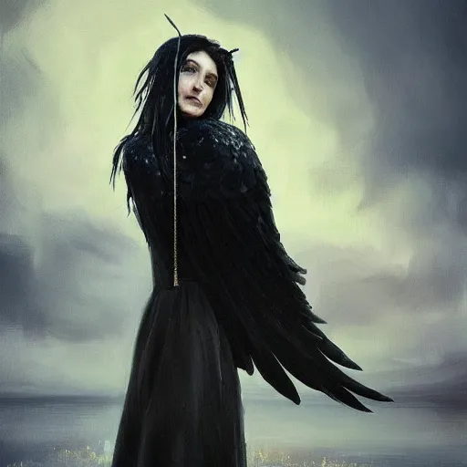 Image similar to morning, a woman in a black dress with a raven head. no face. sun, cinematic, clouds, vogue cover style, contracting colors mood, realistic painting, intricate oil painting, high detail, figurative art, poster art, by simon bisley, ismail inceoglu, wadim kashin, filip hodas. pixar theme.