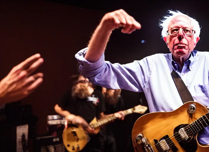 Image similar to publicity photo still of bernie sanders in a punk band playing live on stage, 8 k, live concert lighting, mid shot