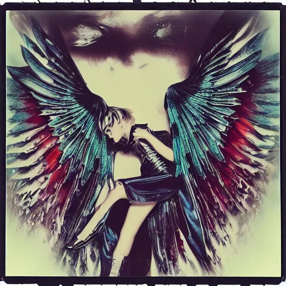 Image similar to crystal wings, waporwave polaroid, metal acid deep colors, fallen angel of death, love broken