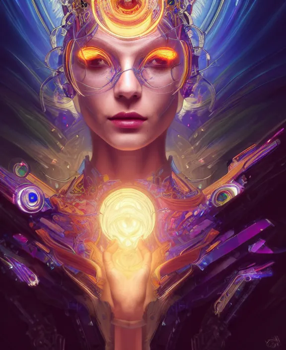 Image similar to a whirlwind of souls rushing inside the metaverse, half body, glowin eye, tiara with sapphire, pharaoh, android, cyborg, cyberpunk face, d & d, fantasy, intricate, elegant, highly detailed, colorful, vivid color, digital painting, artstation, concept art, art by artgerm and greg rutkowski and alphonse mucha and ruan jia