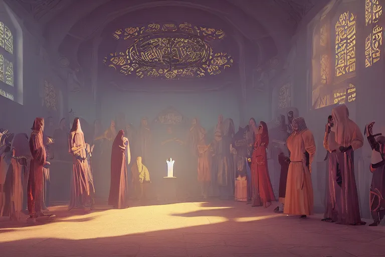 Image similar to cultist secret meeting taking place in an art deco townhall in a oriental medieval fantasy village. incredible voluminous indirect soft glow cinematic lighting, hyperdetailed features, movie still, intricate, octane render, unreal engine, crepuscular rays, god rays, by beeple and rhads and donato giancola