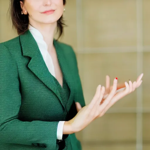 Prompt: brunette woman, bright green eyes, flipped out hair, business suit