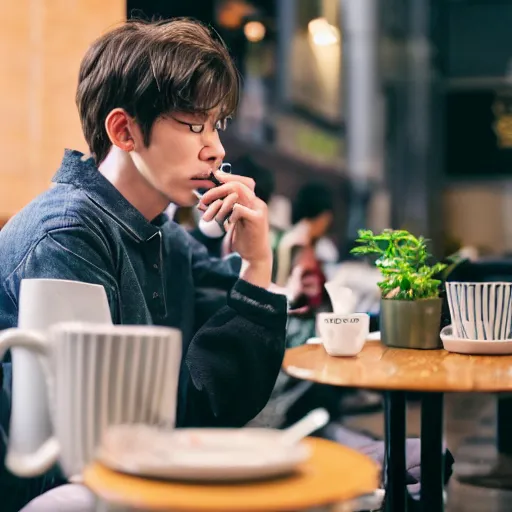 Image similar to an actual picture of byun baekhyun drinking tea in a cafe in downtown new york, photography, 5 0 mm, kodak, uhd 8 k, motion blur,