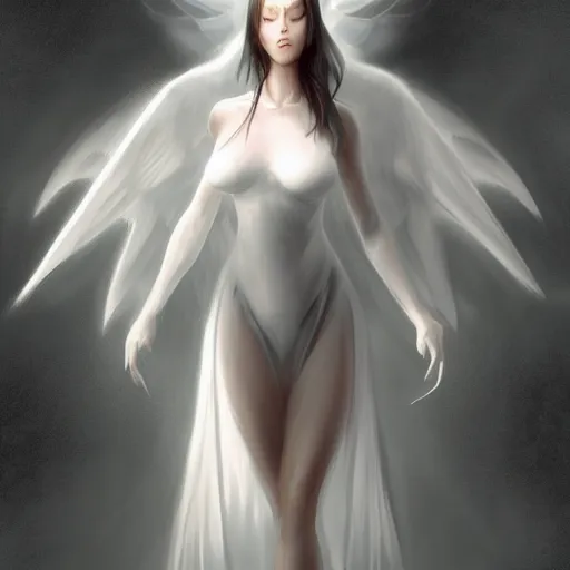 Image similar to a concept art drawing of a beautiful female angle in a white dress on a dark steamy background, spreading her wings, symmetry features, soft painting, volumetric light, fog, fantasy background, artstation, detailed, award winning