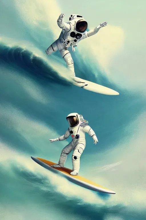 Image similar to a beautiful digital painting of an astronaut in a white space suit surfing the great wave on a surfboard by greg rutkowski, photorealistic, trending on artstation, octane render