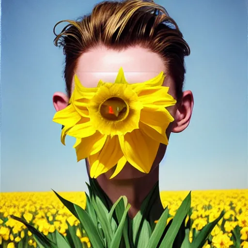 Image similar to medium shot, tilda swinton face fused with daffodil, eyes visible, head covered with leaves, inside the flower, daffodils field, highly detailed, shallow depth, bokeh, codachrome, polaroid, unreal engine, 3 d art, digital art, painting by greg rutkowski