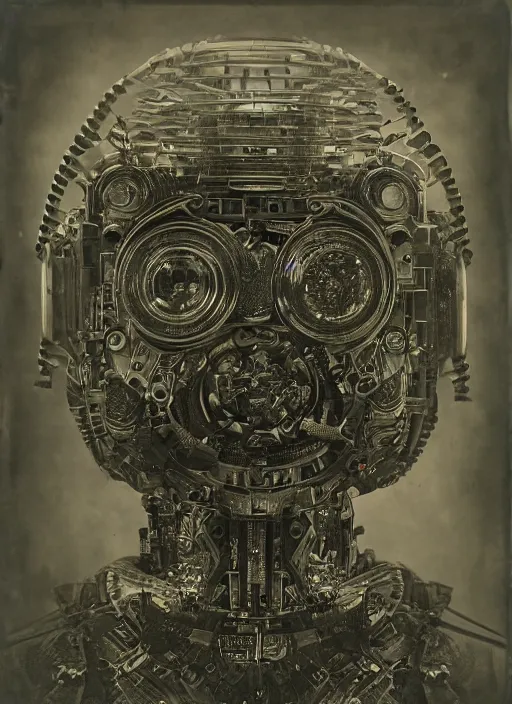 Image similar to old wetplate daguerreotype portrait of futuristic robot, explosion of data fragments, fractal, intricate, elegant, highly detailed, parallax, leica, medium format, subsurface scattering, by jheronimus bosch and greg rutkowski and louis jacques mande daguerre
