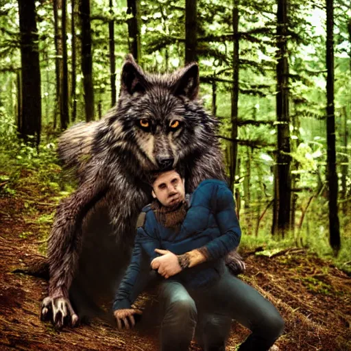 Image similar to werecreature consisting of! human and wolf, profressional photograph captured in a forest