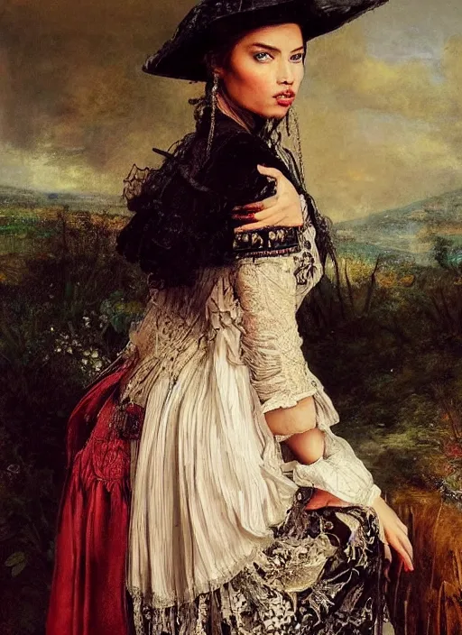 Prompt: a beautiful woman with victorian dress, adriana lima, misa amane. by rembrandt 1 6 6 7, illustration, by konstantin razumov