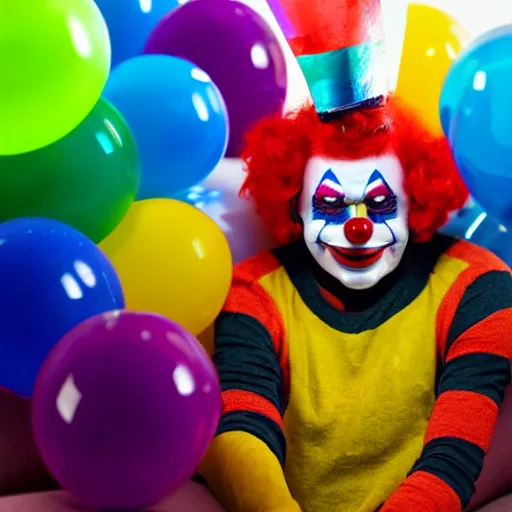 Image similar to creepy clown with colourful marbles and balloons, realistic, 8k, high quality, sharp