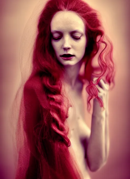 Image similar to portrait photography of a beautiful woman, in fine art photography style of Lindsay Adler- Giovanni Gastel, britt marling style 2/4 , natural color skin pointed in rose, long red hair with an intricate hairstyle, full body dressed with a ethereal transparent voile dress, elegrant, 8K, soft focus, melanchonic soft light, volumetric dramatic lighting, highly detailed Realistic, hyper Refined, Highly Detailed, natural point rose', outdoor sea and storm soft lighting, soft dramatic lighting colors scheme, soft blur lighting, fine art fashion photography