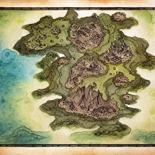 Image similar to D&D style fantasy map design, watercolour