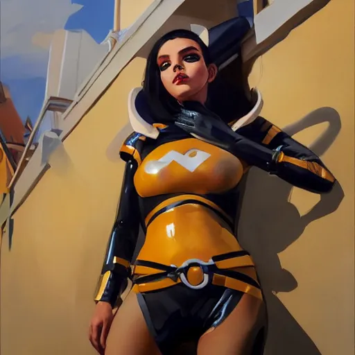 Prompt: greg manchess portrait painting of female wearing a latex suit as overwatch character, medium shot, asymmetrical, profile picture, organic painting, sunny day, matte painting, bold shapes, hard edges, street art, trending on artstation, by huang guangjian and gil elvgren and sachin teng
