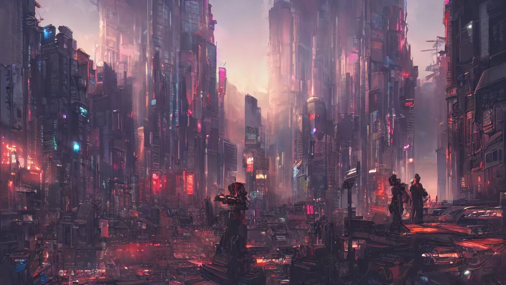 Image similar to Cyberpunk city, street vendors, citizens, augmented cyborgs, robots, skyscapers, buildings, clouds, sunset, painted by seb mckinnon, high detail, digital art, trending on artstation