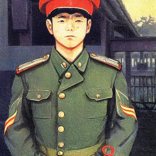 Prompt: anime soviet officer by Hasui Kawase by Richard Schmid