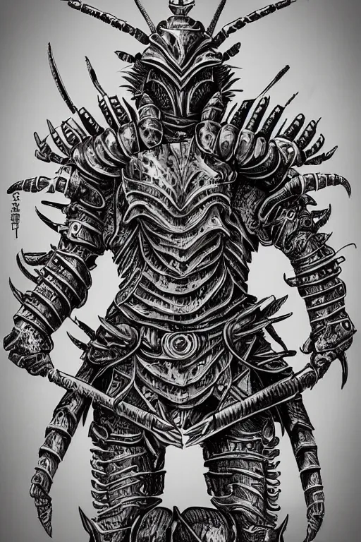 Image similar to human warrior, lobster themed armour, crab pinchers, symmetrical, highly detailed, digital art, needles, sharp focus, trending on art station, kentaro miura manga art style