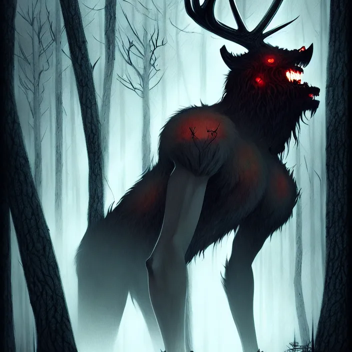 Image similar to style artgerm, joshua middleton, tim jacobus, scary wendigo with antlers and skull face mixed with werewolf, in the forest, detailed, dark and foggy, cinematic lighting