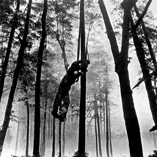 Image similar to wide shot, a squad of executed American Soldiers hanged mid-air on trees, deep in the thick forest, painting, colored, eerie, Lovecraftian, eldritch horror, 1967