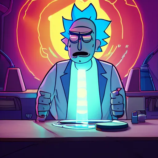 Prompt: portrait of rick sanchez, lab coat and tee shirt, lens flare, atmosphere, glow, detailed, intricate, full of colour, cinematic lighting, 4 k, hyperrealistic, focused, extreme details, cinematic, masterpiece, rick and morty