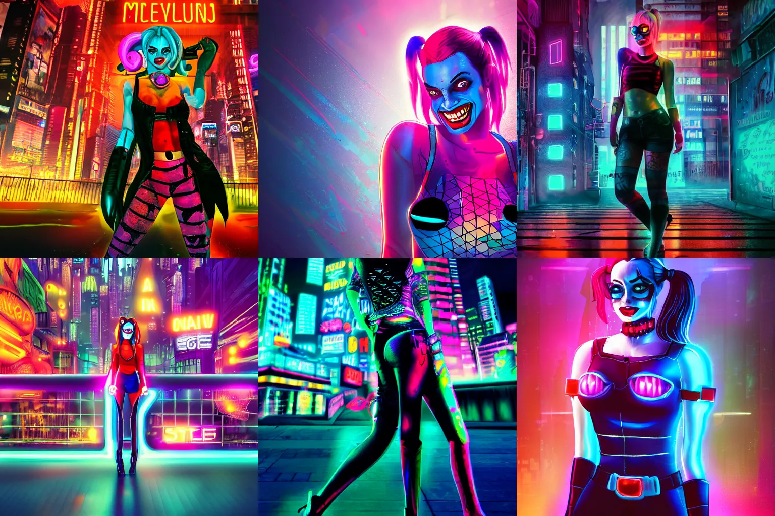 Prompt: harley quinn standing, smiling softly, medium distance shot, cyberpunk setting, beautiful cityscape background, neon signs, vibrant colors, holograms, 4k, digital art