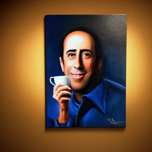 Image similar to coffee cup with an oil painting of jerry seinfeld, studio lighting, 4 k