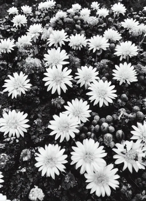 Image similar to old lost footage in black and white of a beautiful garden with flower and fruits,hyper realistic 8K HD real life photo