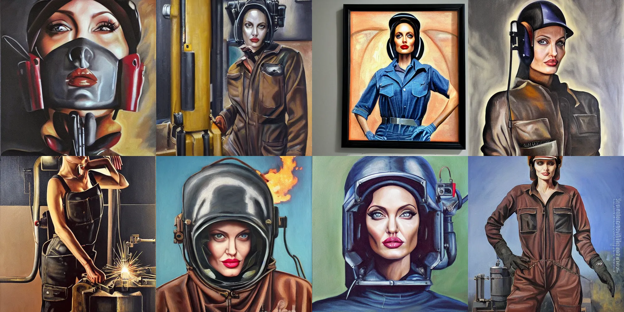 Prompt: symmetrical oil painting portrait angelina jolie in steelworker welder costume by percevel rockwell - from 1 9 4 0 s