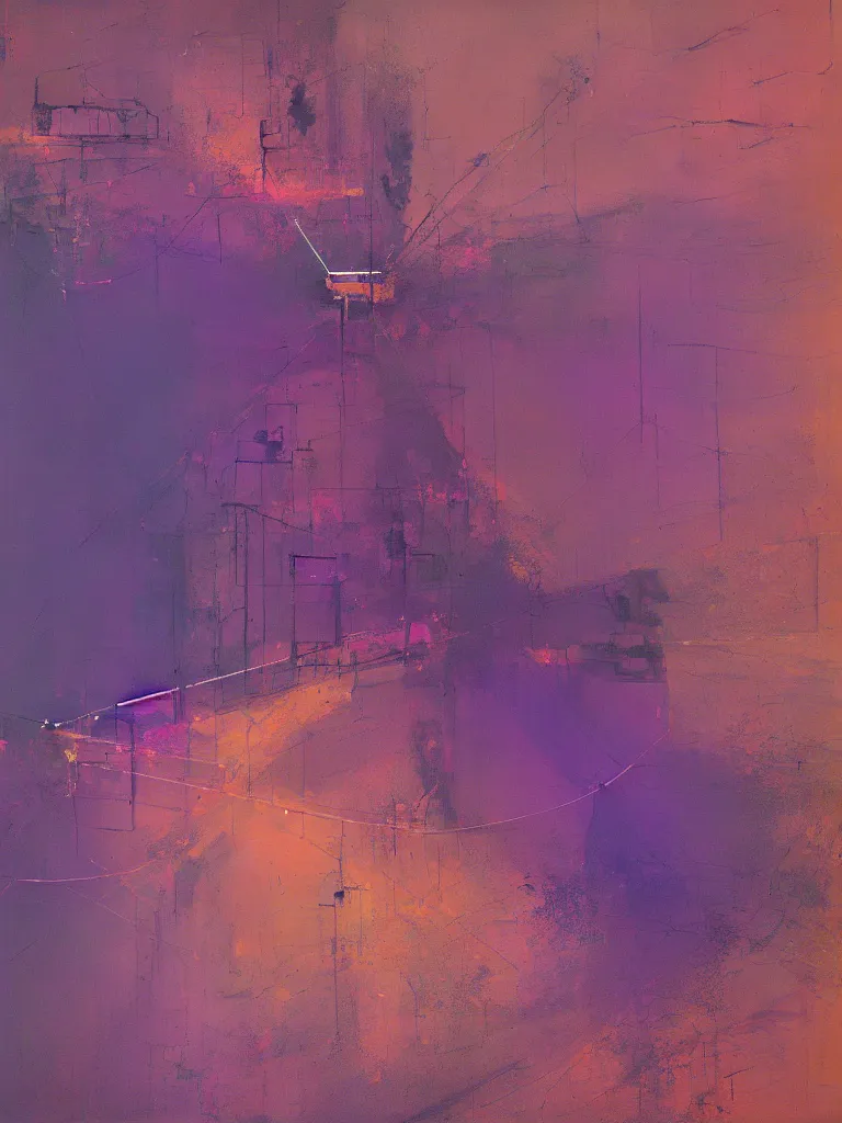 Prompt: a beautiful abstract painting by peter vahlefeld of a drone view of a highway intersection, color bleeding, pixel sorting, copper oxide material, brushstrokes by jeremy mann, zenith lighting, pastel purple background, square shapes