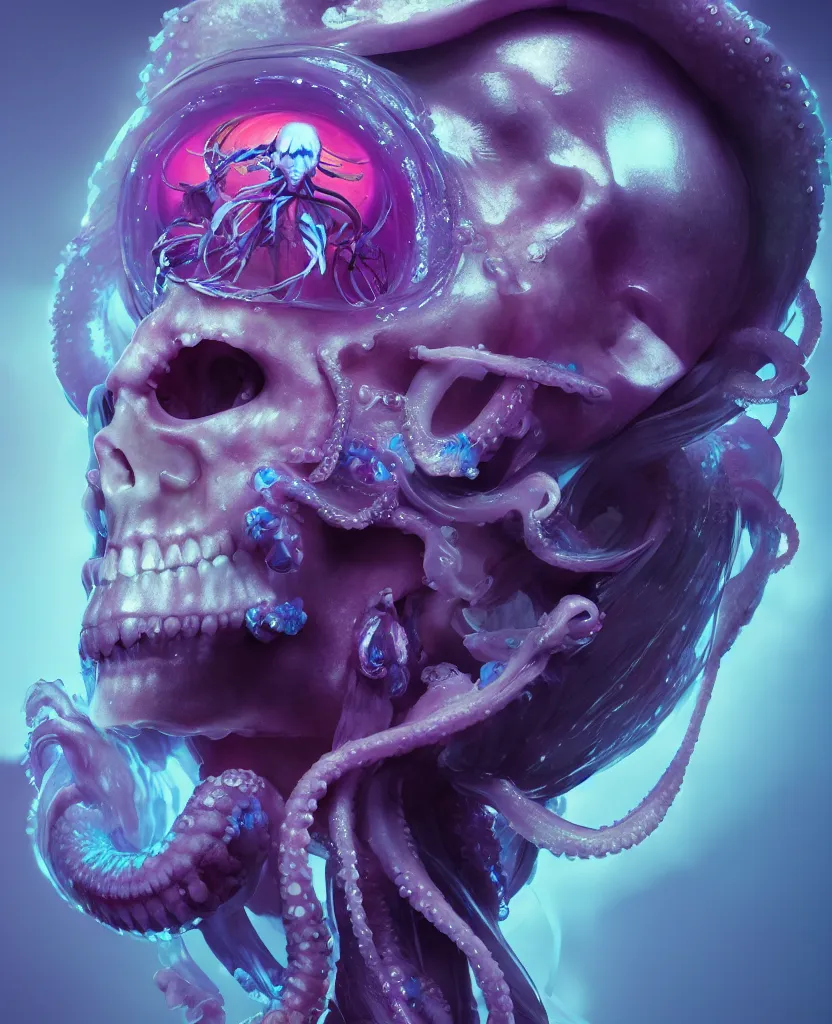 Image similar to goddess close - up portrait human skull, ram skull, squid phoenix jellyfish, orchid, betta fish, bioluminiscent, intricate artwork by tooth wu and wlop and beeple. octane render, trending on artstation, greg rutkowski very coherent symmetrical artwork. cinematic, hyper realism, high detail, octane render, 8 k