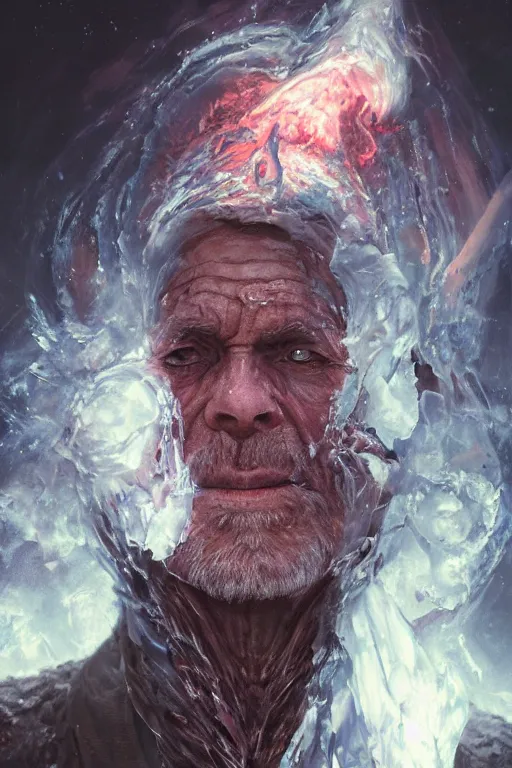 Prompt: the look of an elderly person, necromancer, witch - doctor covered with ice exploding into fire, full of wrinkles and imperfections by artgem and greg rutkowski, highly detailed, high contrast, light reflection, trippy, nebula, trending on artstation
