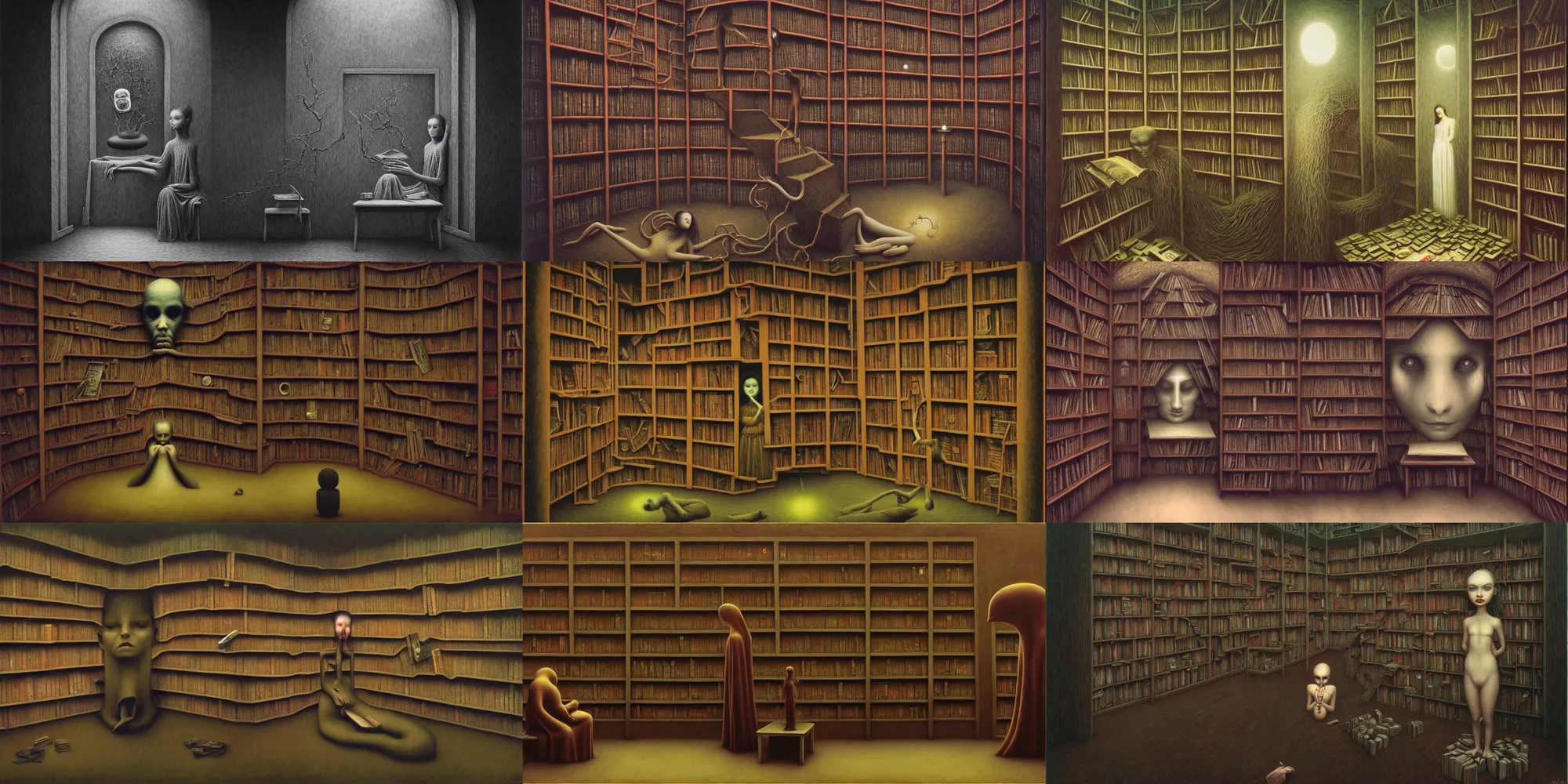 Prompt: the bookshop, masterwork, liminal by Mark Ryden and zdzisław beksiński