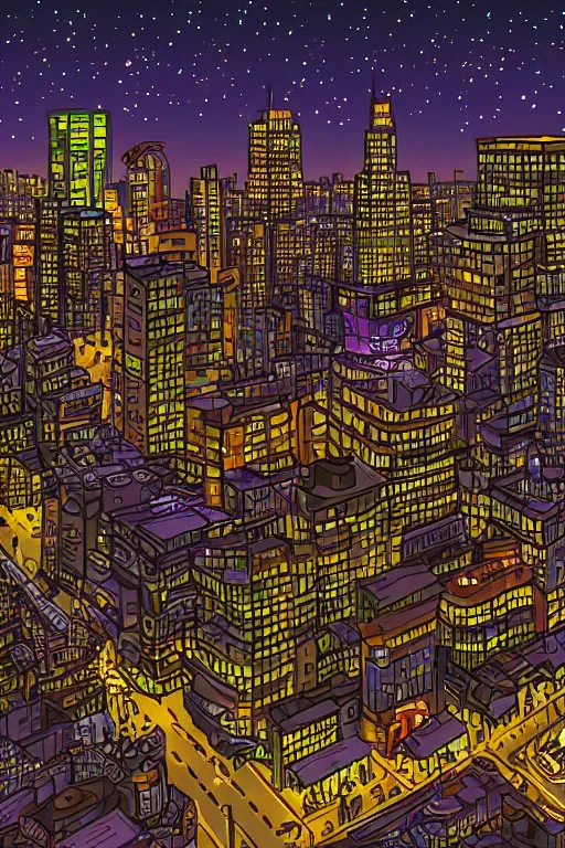 Image similar to cat overlooking bustling downtown city at night, pixel digital artstyle HD