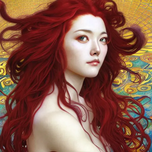 Image similar to portrait of Asuka Soryu with red long wavy hair drawn by Donato Giancola and Tom Bagshaw and Julie Bell, face by Artgerm, overall design by Alphonse Mucha, background by James Jean and Gustav Klimt, 4k, porcelain skin, komorebi, french nouveau, trending on artstation, octane render, hyperrealistic